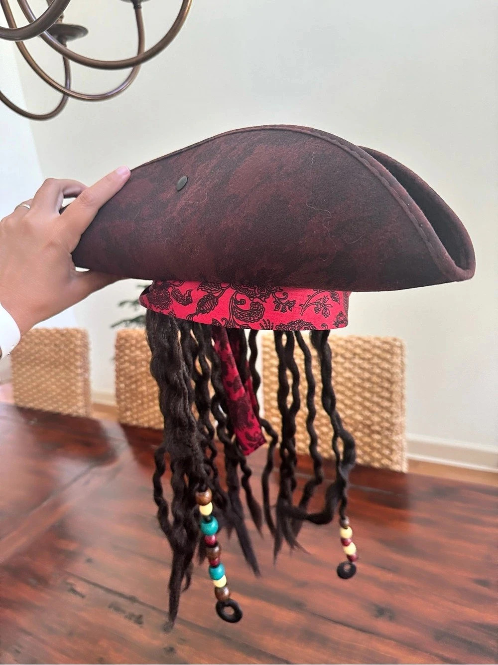 Brown Carribean Pirate Costume TriCorn Hat w/ Beaded Dreadlocks Adult Size